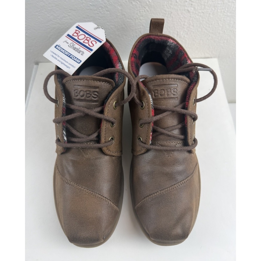 BOBS By Skechers Brown Faux Leather Memory Foam Plaid Lined Ankle Boots Size 7.5
